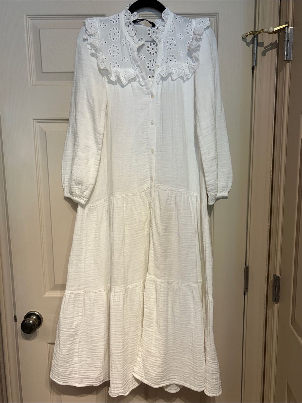 Zara White Eyelet Collar Tiered Long Sleeve Midi Dress